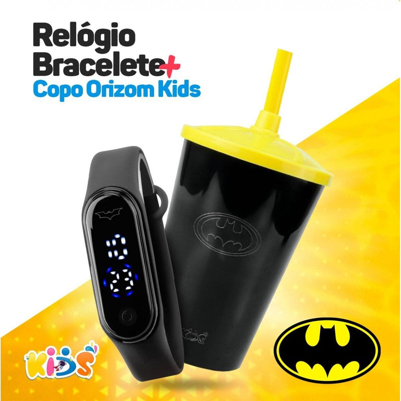 Prova dagua preto relogio digital LED infantil + copo batman