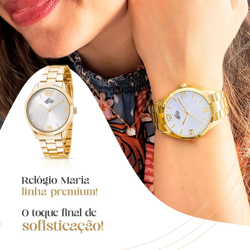 Pulseira + caixa + colar + relogio feminino aço dourado