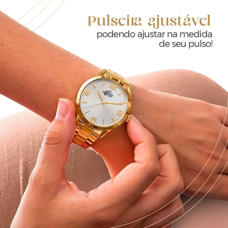 Pulseira + caixa + colar + relogio feminino aço dourado