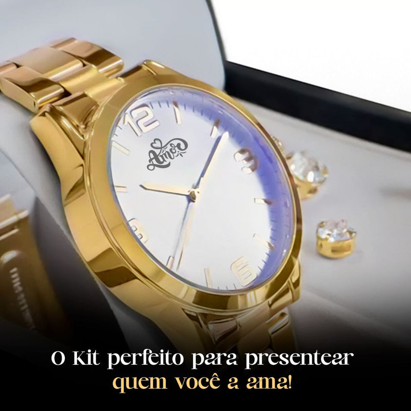 Pulseira + caixa + colar + relogio feminino aço dourado