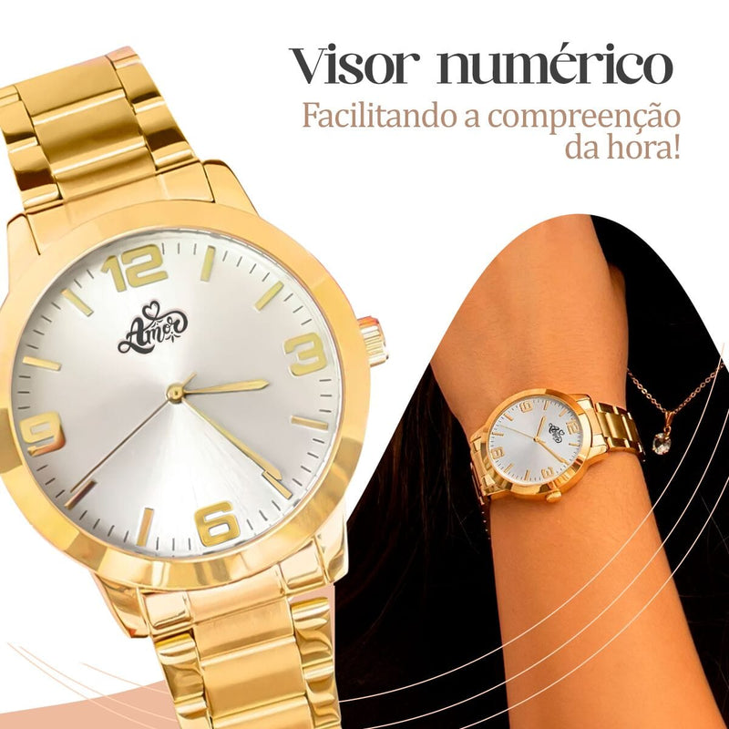 Pulseira + caixa + colar + relogio feminino aço dourado