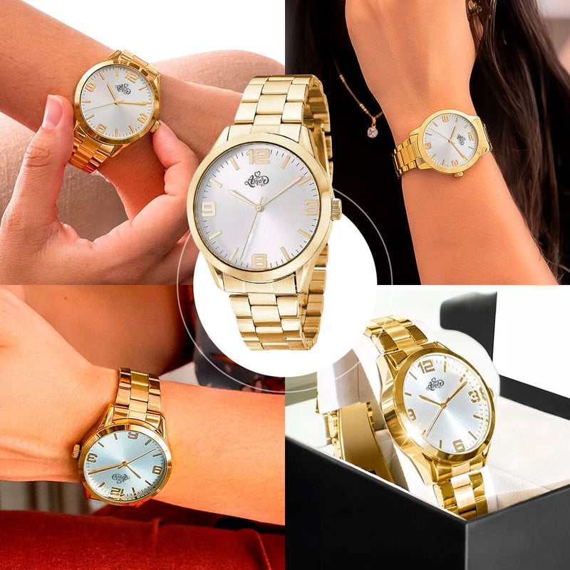 Pulseira + caixa + colar + relogio feminino aço dourado