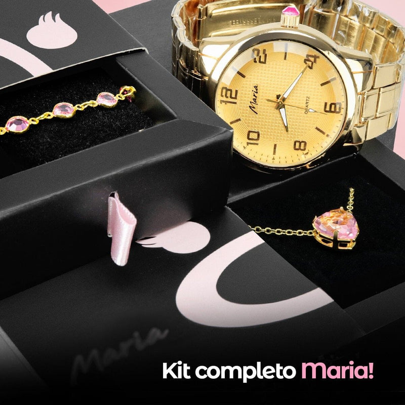 pulseira + colar + relogio feminino dourado aço original led