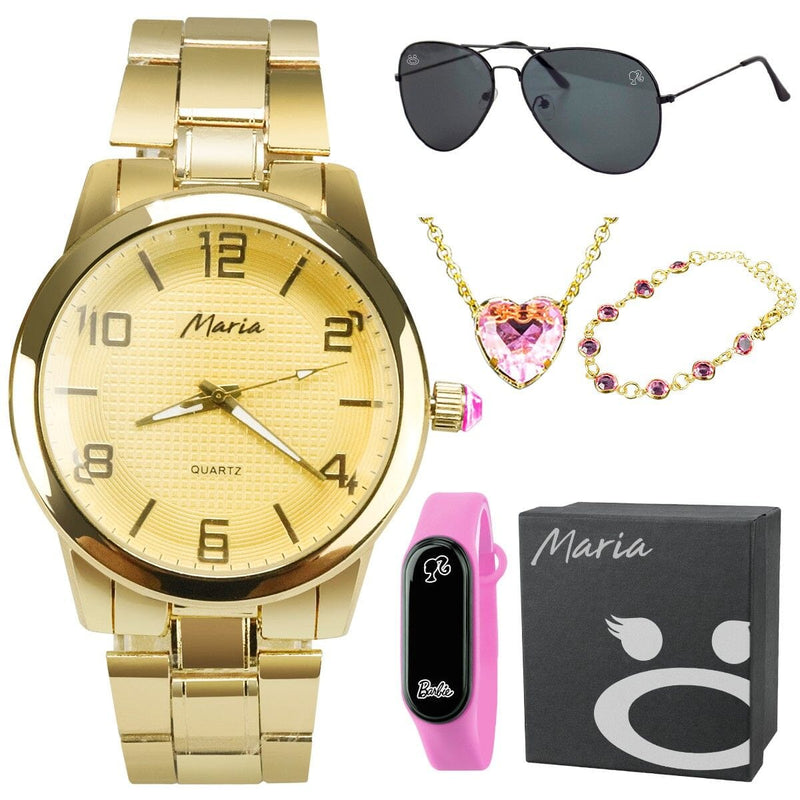 pulseira + colar + relogio feminino dourado aço original led