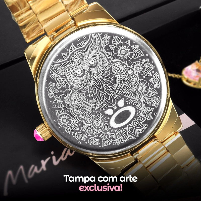 pulseira + colar + relogio feminino dourado aço original led