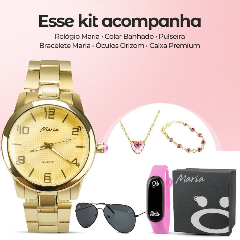 pulseira + colar + relogio feminino dourado aço original led