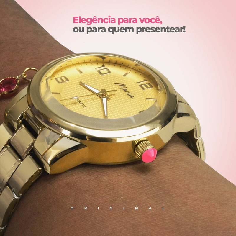 pulseira + colar + relogio feminino dourado aço original led