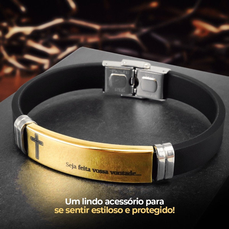 Pulseira masculina banhada ouro placa pai nosso + caixa