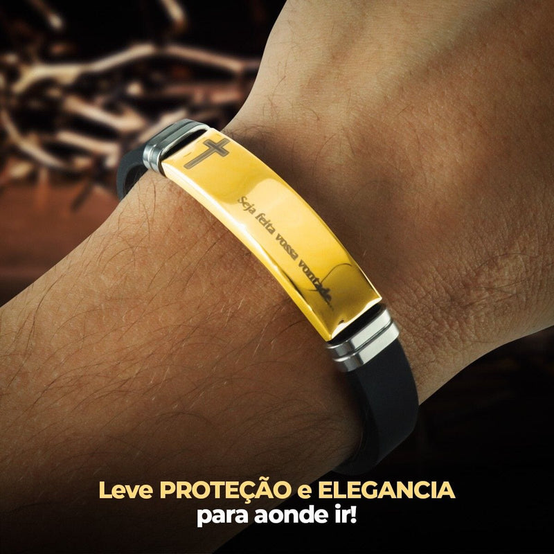 Pulseira masculina banhada ouro placa pai nosso + caixa