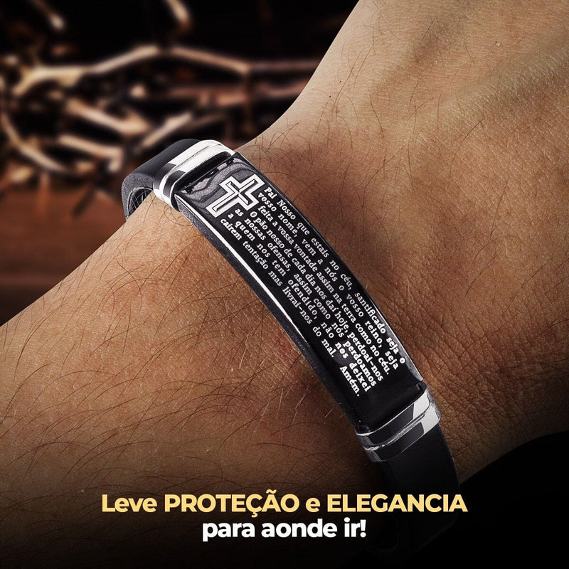 Pulseira masculina pai nosso placa aço inox preta caixa