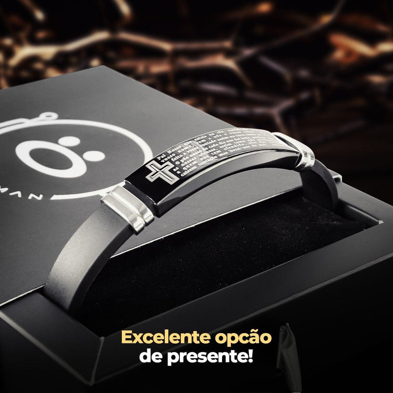 Pulseira masculina pai nosso placa aço inox preta caixa