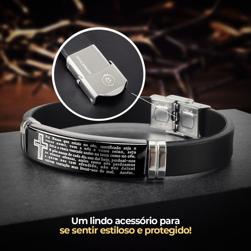 Pulseira masculina pai nosso placa aço inox preta caixa