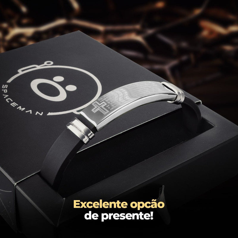 Pulseira masculina placa pai nosso prata aço inox + caixa