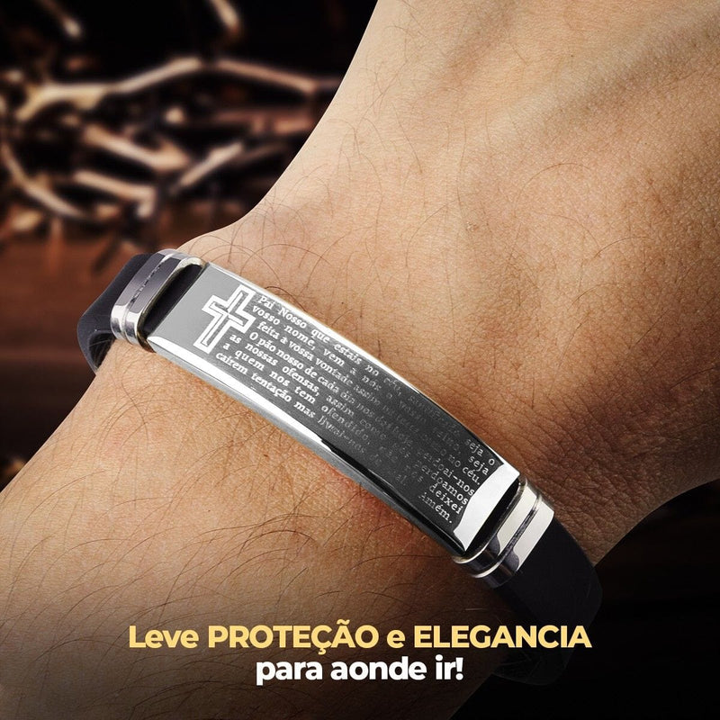 Pulseira masculina placa pai nosso prata aço inox + caixa