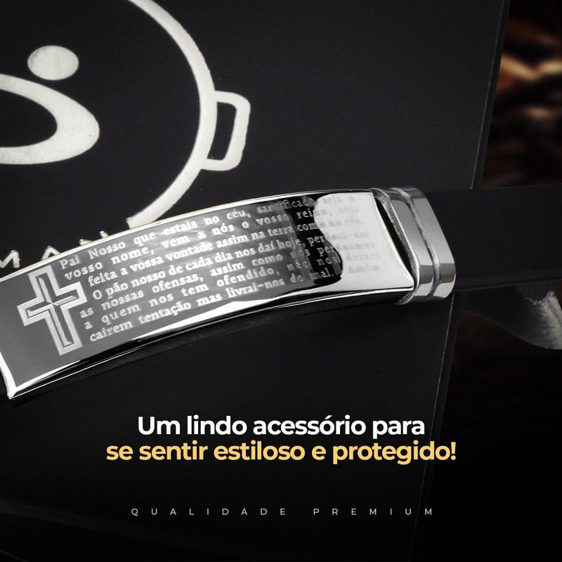 Pulseira masculina placa pai nosso prata aço inox + caixa