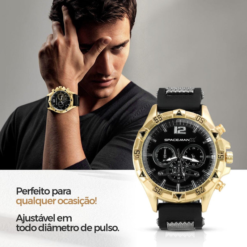 Pulseira + relogio masculino aço dourado + cordão crucifixo