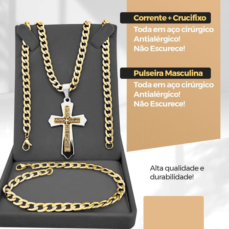 Pulseira + relogio masculino aço dourado + cordão crucifixo