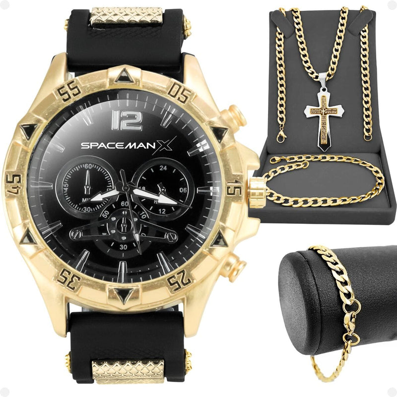 Pulseira + relogio masculino aço dourado + cordão crucifixo