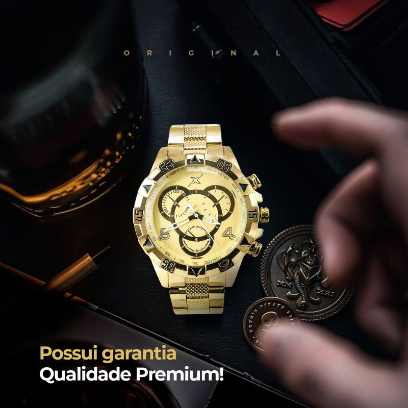 Relogio aço inoxidável dourado masculino + premium caixa