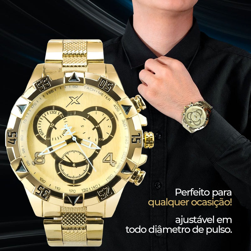 Relogio aço inoxidável dourado masculino + premium caixa