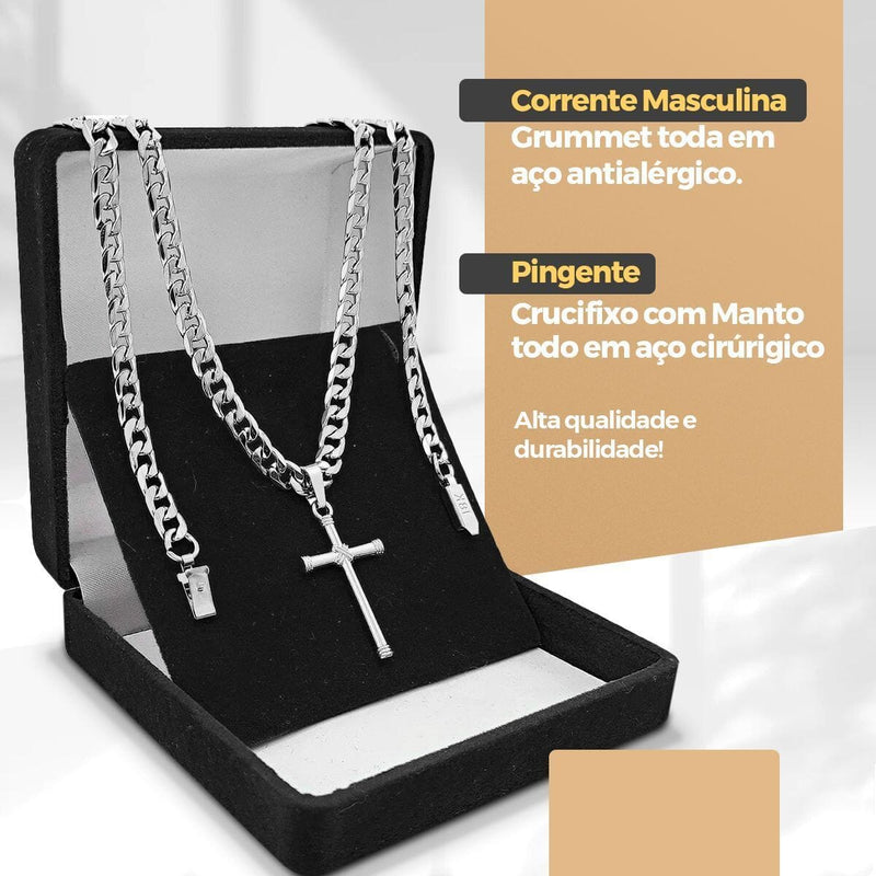 relogio aço prata + cordão + oculos sol + pulseira religioso