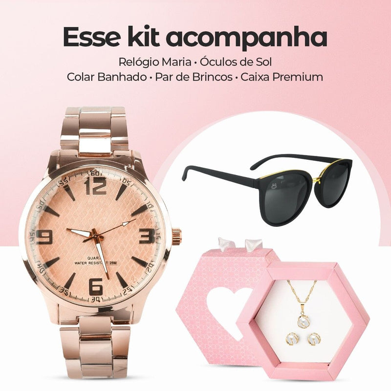 Relogio banhado dourado + oculos proteção uv rose casual