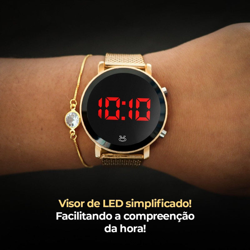 relógio digital feminino aço inox + caixa + colar brinco