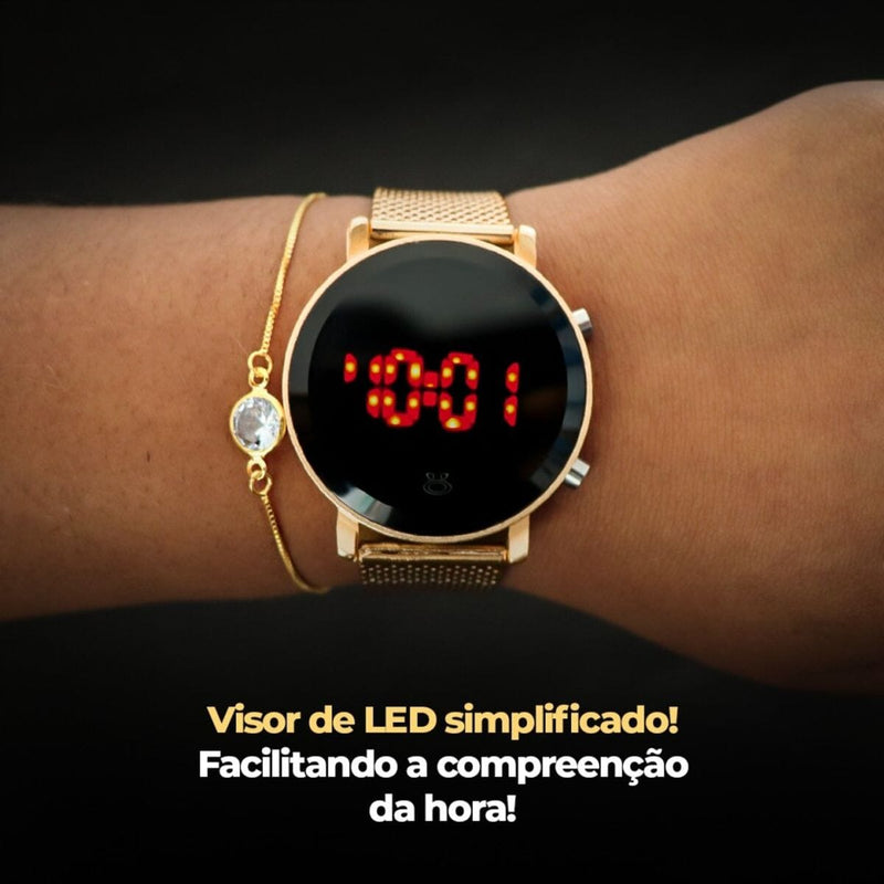 Relogio digital feminino aço + relogio led dourado silicone