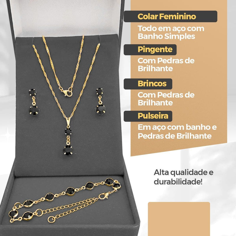 relogio digital feminino preto + colar + brincos + caixa