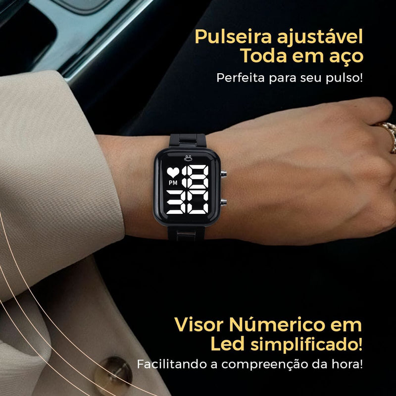 Relogio digital feminino preto + pulseira pandora + caixa