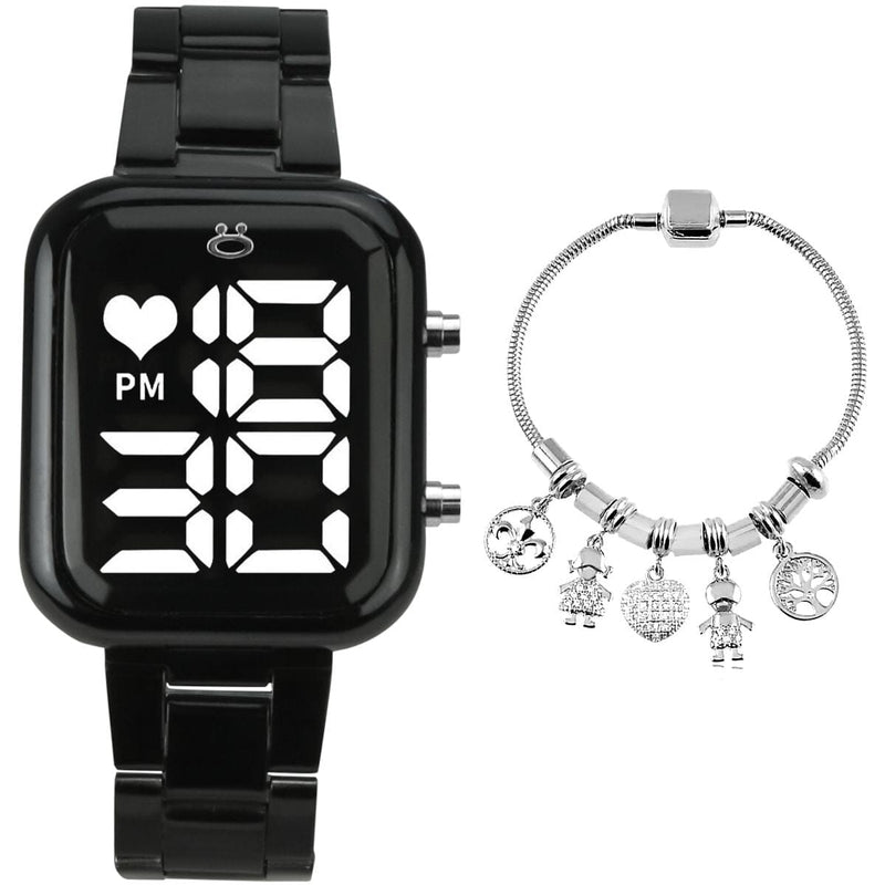 Relogio digital feminino preto + pulseira pandora + caixa