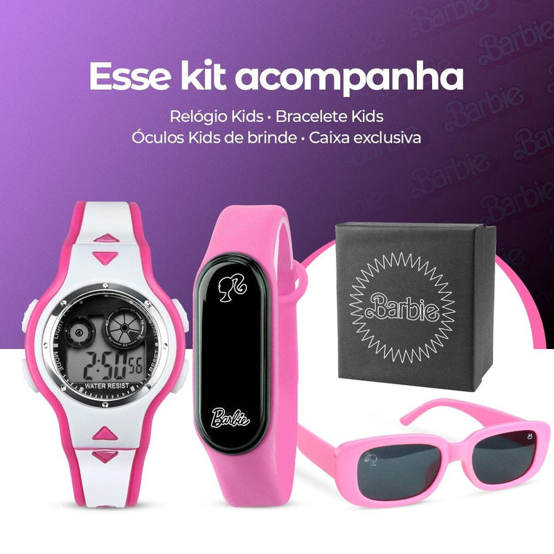 relogio digital infantil barbie rosa + caixa + oculos sol