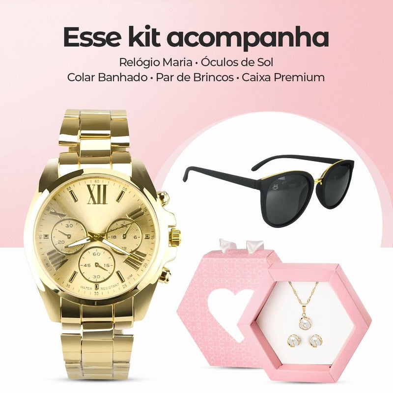 Relogio dourado aço inox + oculos de sol + colar e brincos