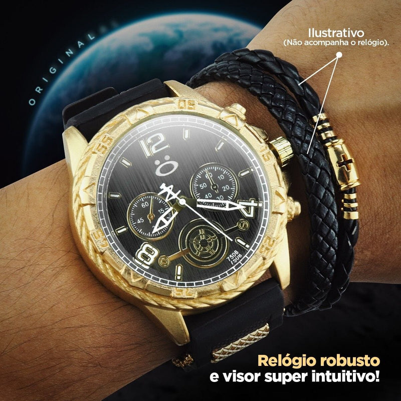 Relogio dourado aço inoxidavel + corrente cruz analogico