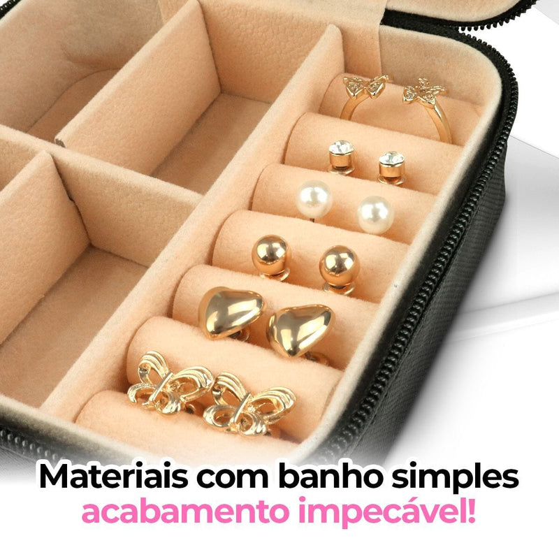 Relogio dourado banhado + pulseira + brincos + porta joia