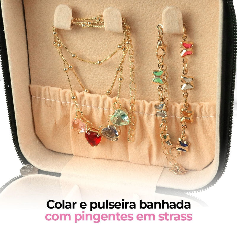 Relogio dourado banhado + pulseira + brincos + porta joia