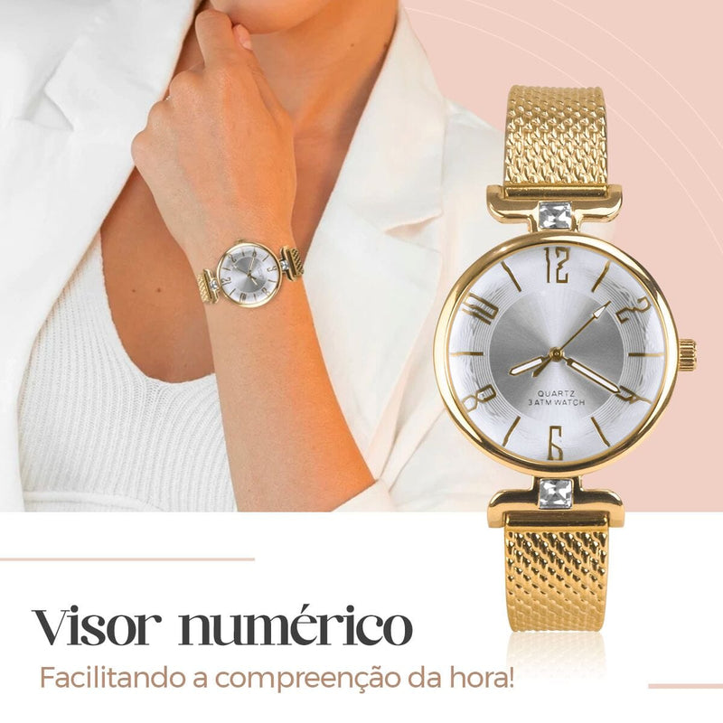 Relogio dourado feminino aço inox caixa silicone banhado