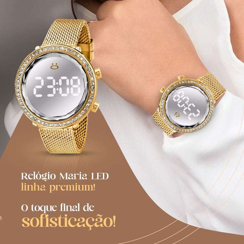 Relogio feminino aço digital + caixa + brinco colar strass