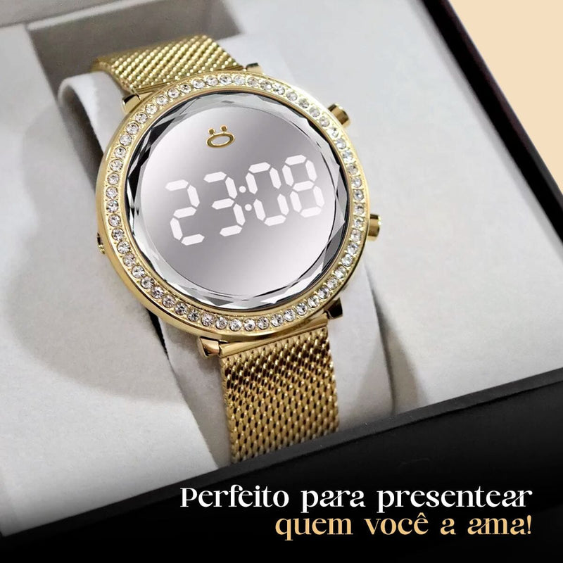 Relogio feminino aço digital + caixa + brinco colar strass