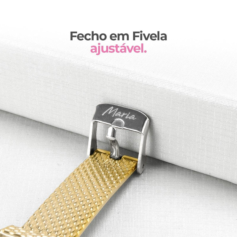 Relógio feminino aço dourado + brincos + pulseira presente