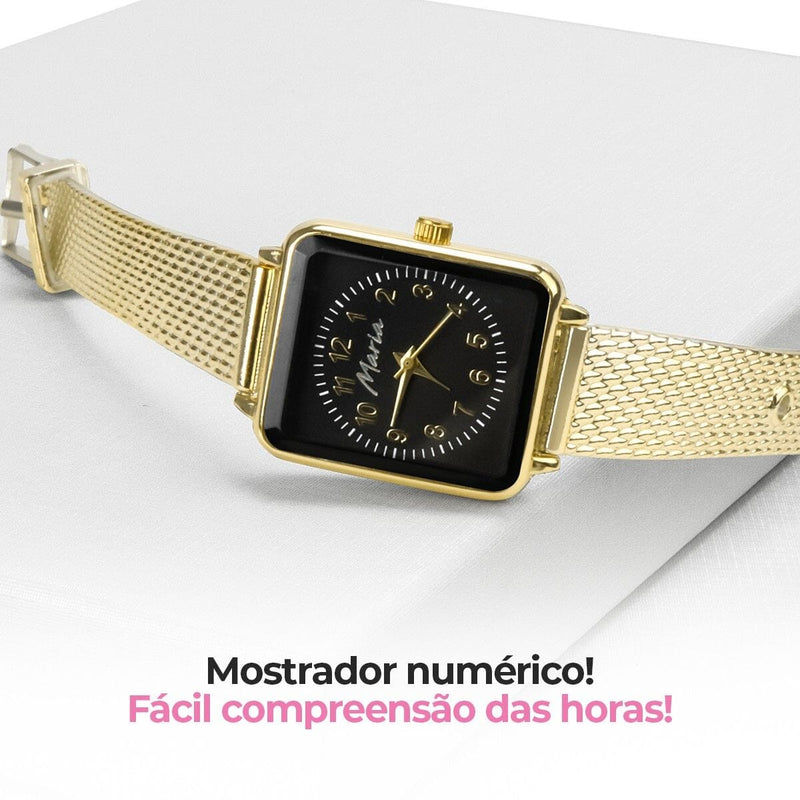 Relógio feminino aço dourado + brincos + pulseira presente