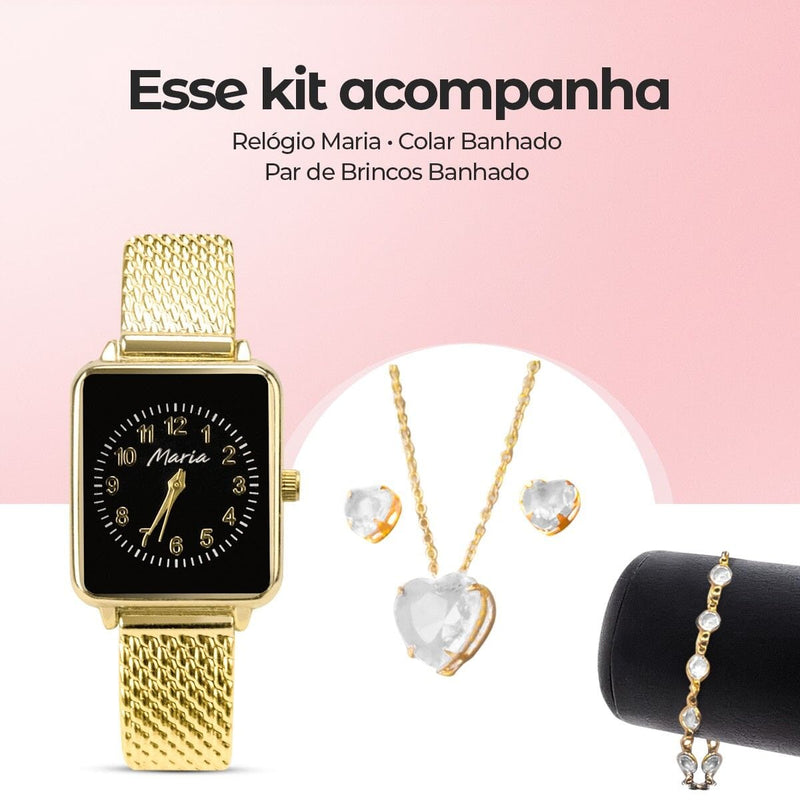 Relógio feminino aço dourado + brincos + pulseira presente