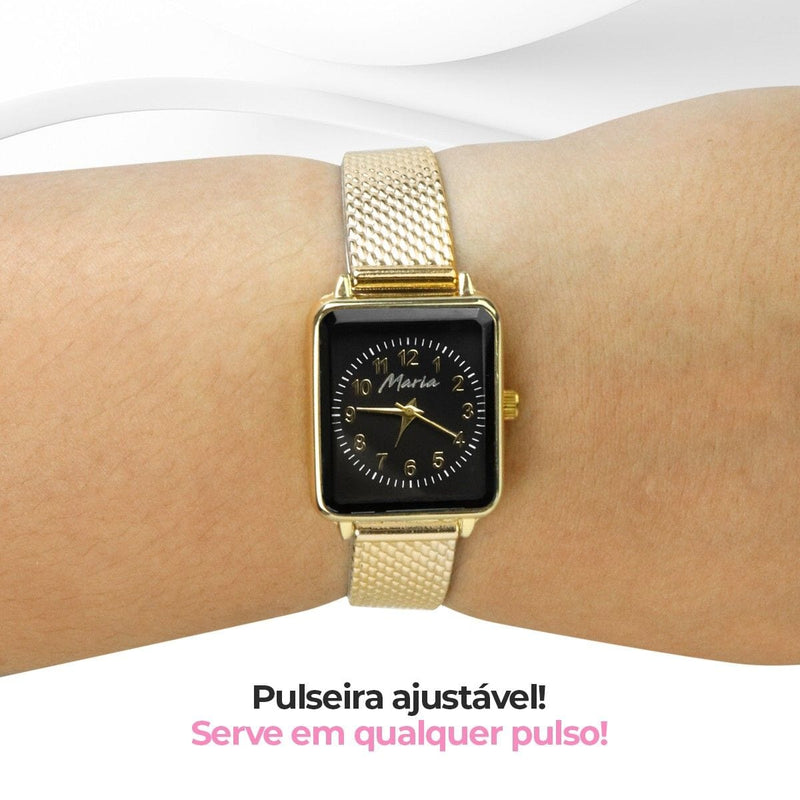 Relógio feminino aço dourado + brincos + pulseira presente