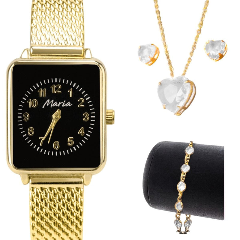 Relógio feminino aço dourado + brincos + pulseira presente