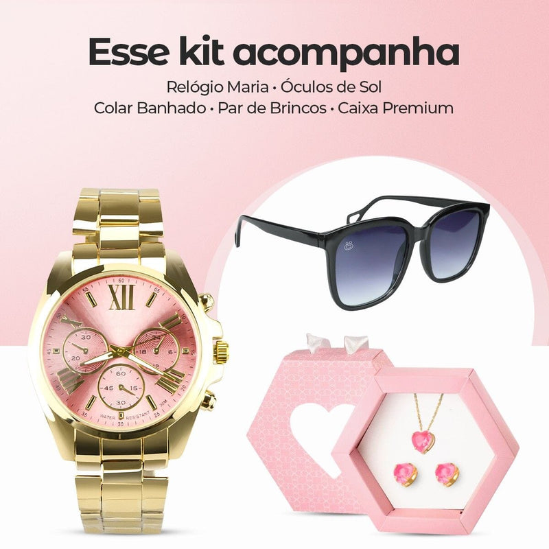 Relogio feminino aço dourado + colar brincos caixa premium