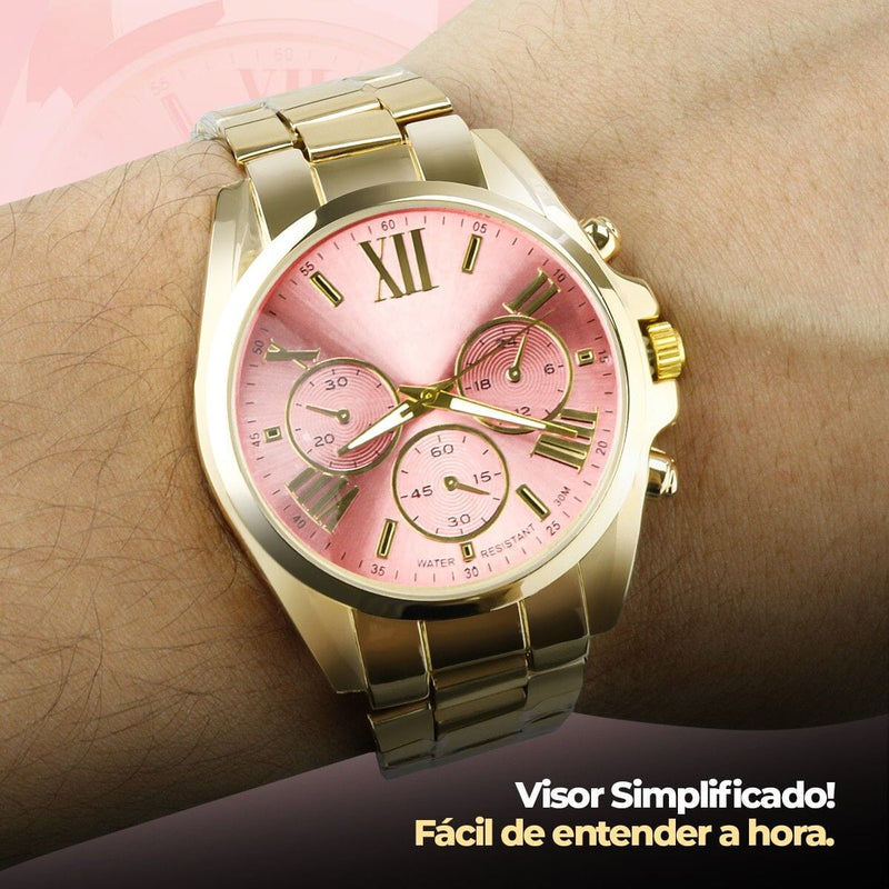 Relogio feminino aço dourado + colar brincos caixa premium