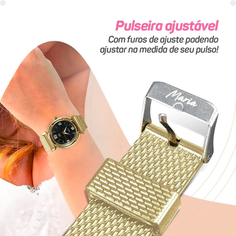 relogio feminino aço dourado + oculos sol + caixa + pulseira