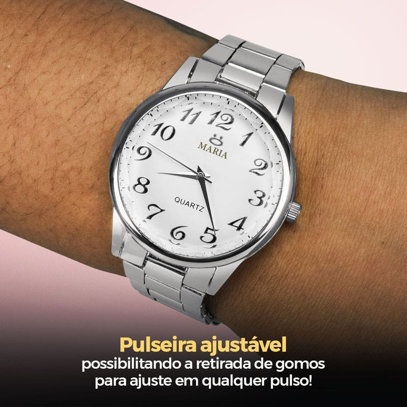 relogio feminino aço inox + colar coração + caixa + pulseira