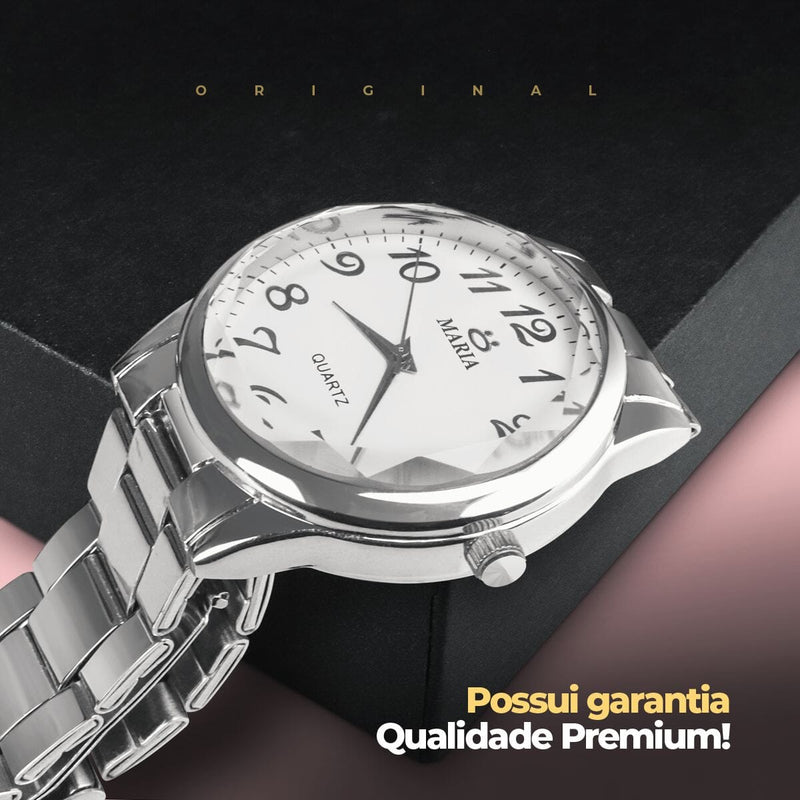 relogio feminino aço inox + colar coração + caixa + pulseira