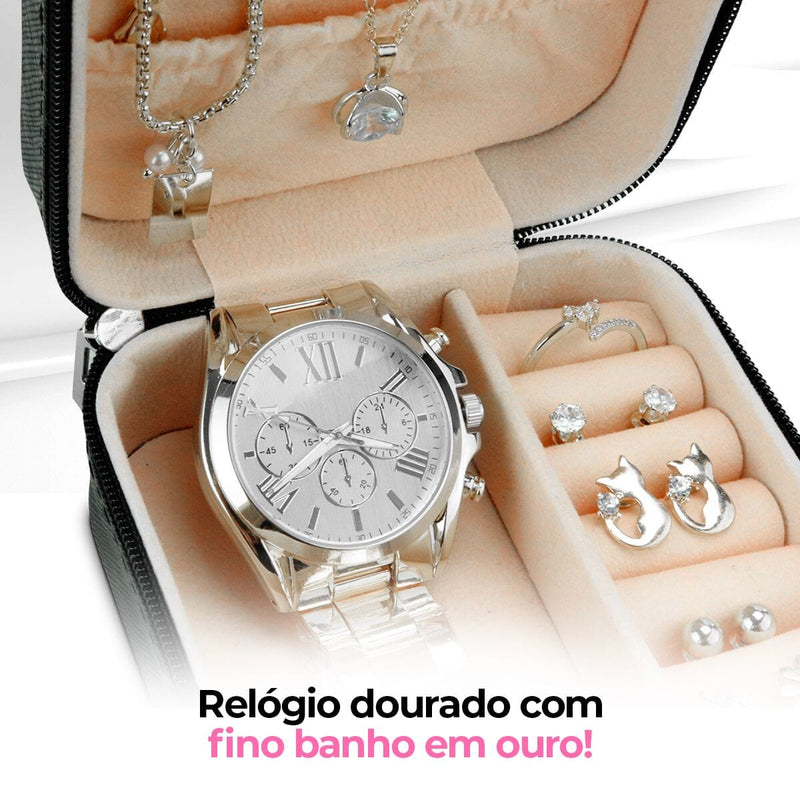 Relogio feminino aço inox + colar + pulseira casual original